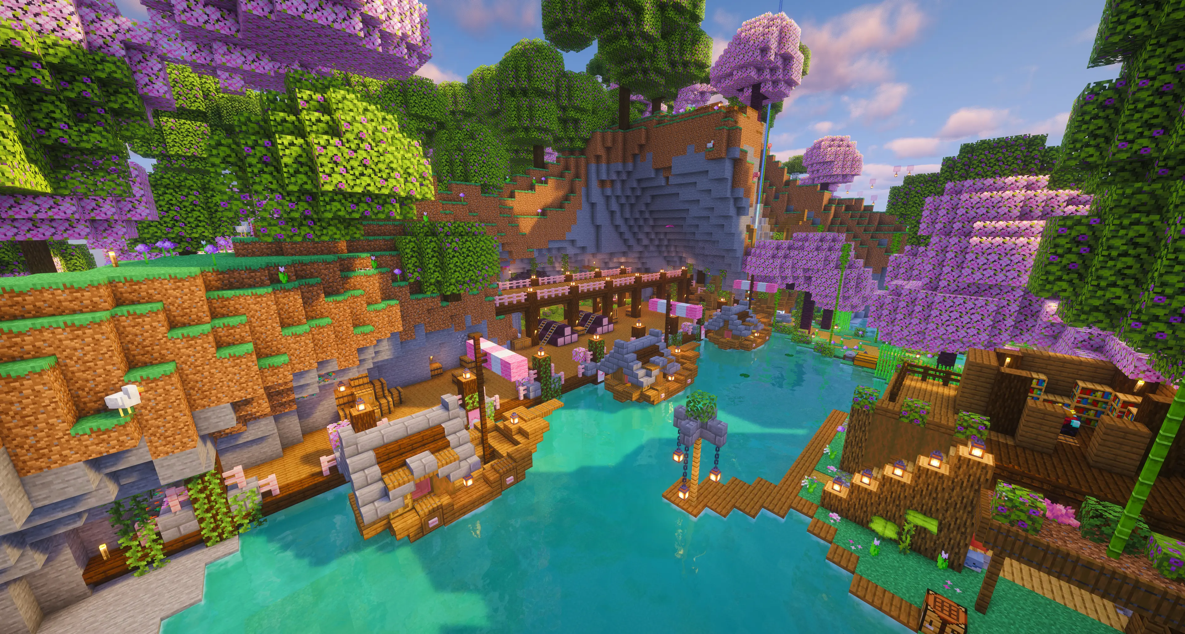 Custom cherry blossom biome with purple trees and waterfall