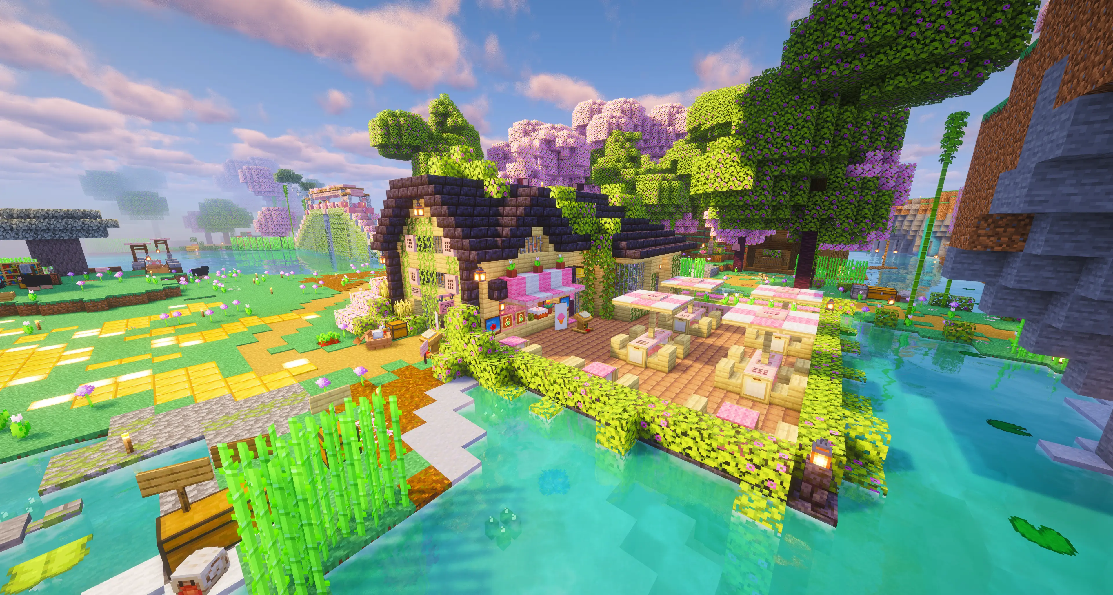 Cute player shop by the water with cherry blossom trees