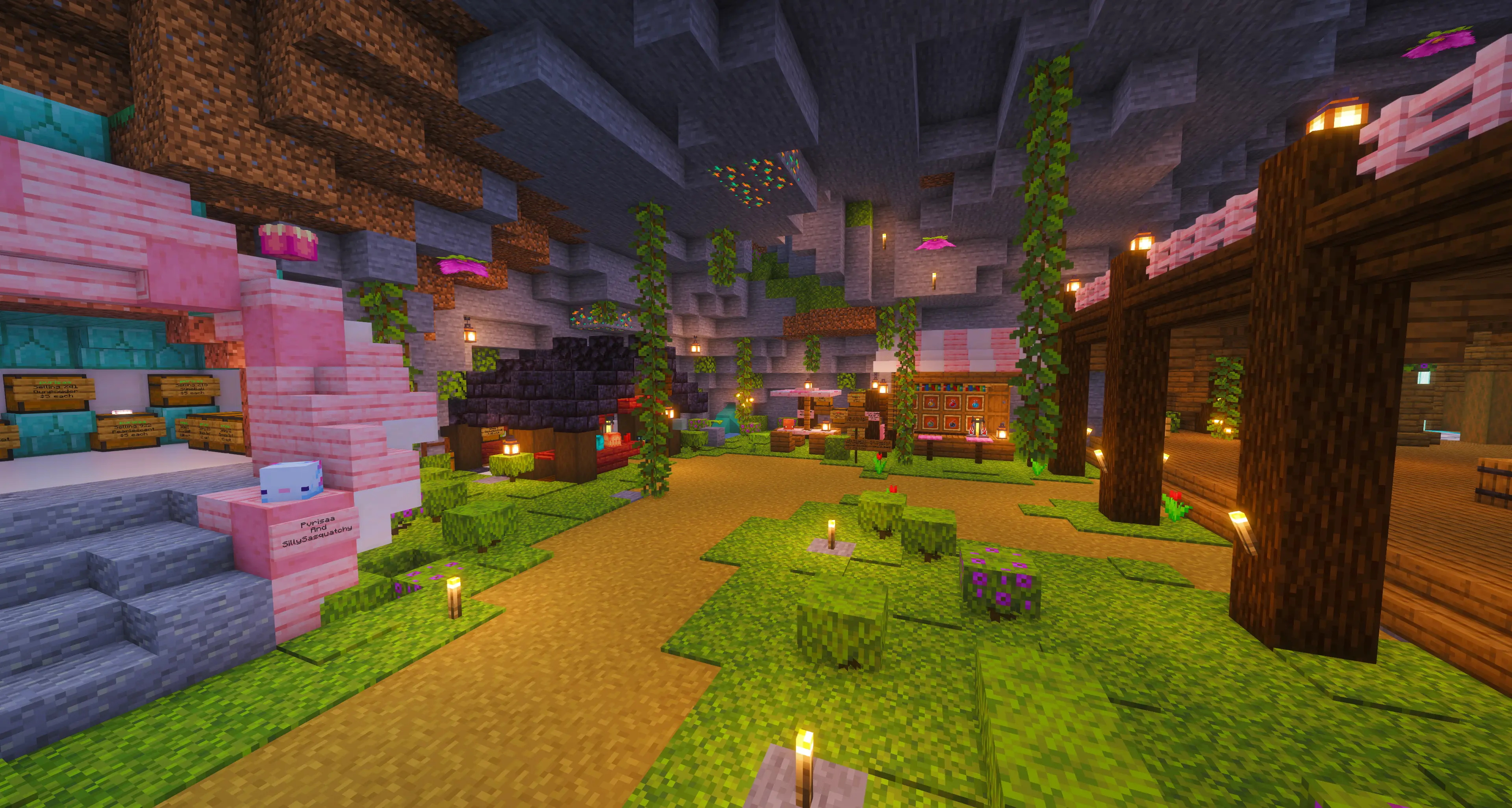 Underground town with pink buildings and lanterns